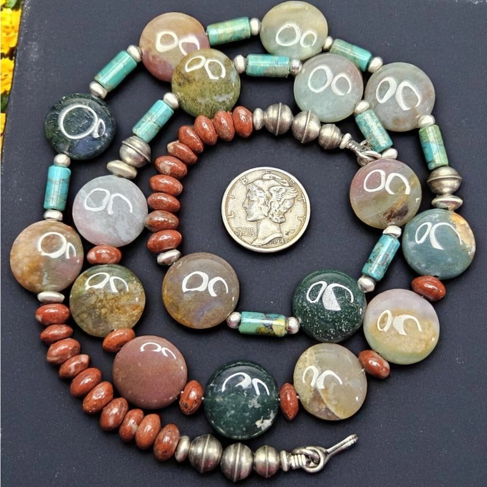 Vintage Sterling Silver Navajo Pearl Turquoise Jasper Indian Agate Necklace 20"